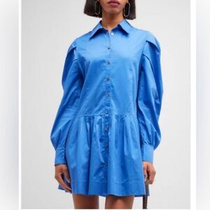 HARSHMAN Dress Esme Shirt Dress Indigo Blue Cotton Pleated Long Sleeve Size S